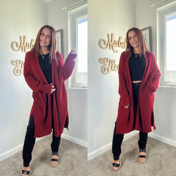 Lush cozy Red ribbed Open Front Cardigan size medium - Picture 1 of 6